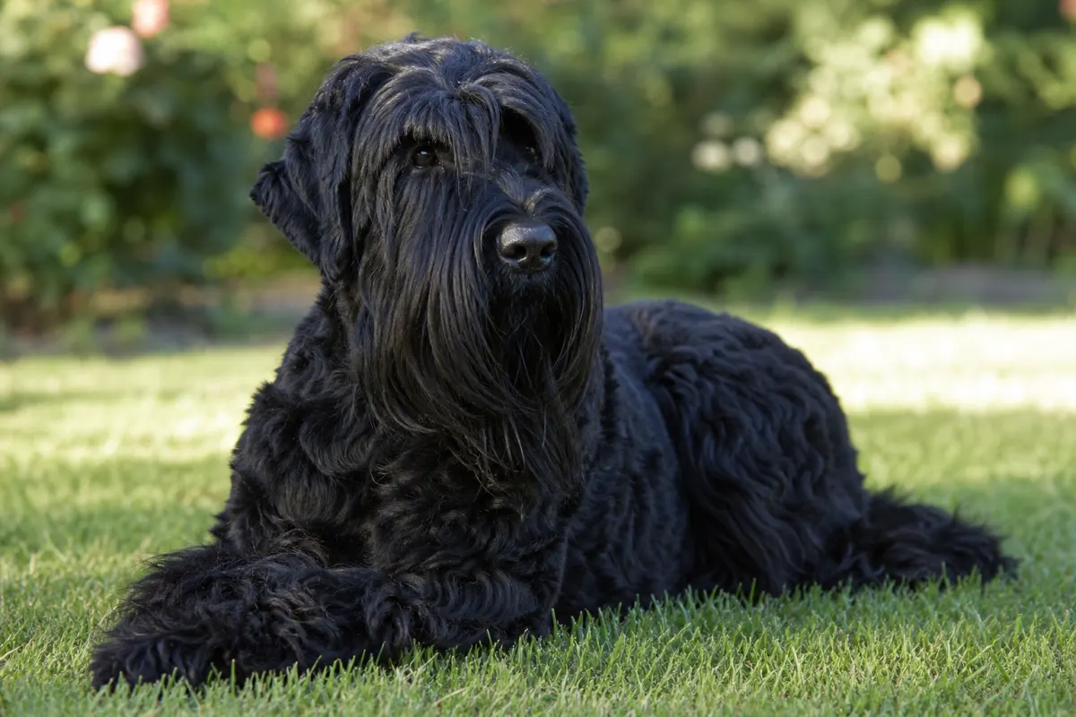 Schwarzer Russischer Terrier liegt in einem Garten