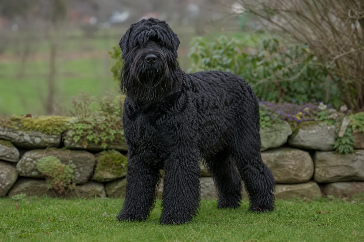 Schwarzer Russischer Terrier steht in einem Garten