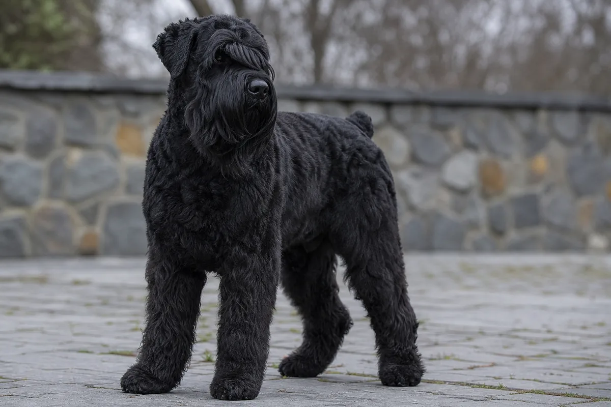 Erwachsener Schwarzer Russischer Terrier steht im Profil