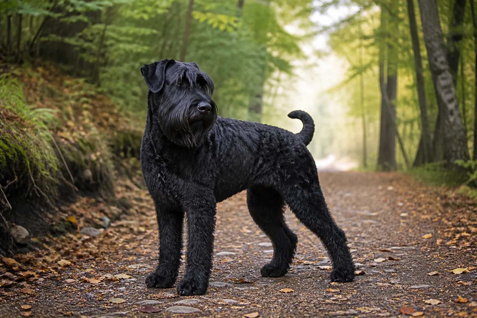 Schwarzer Russischer Terrier auf einem Waldweg, Ganzkörperansicht